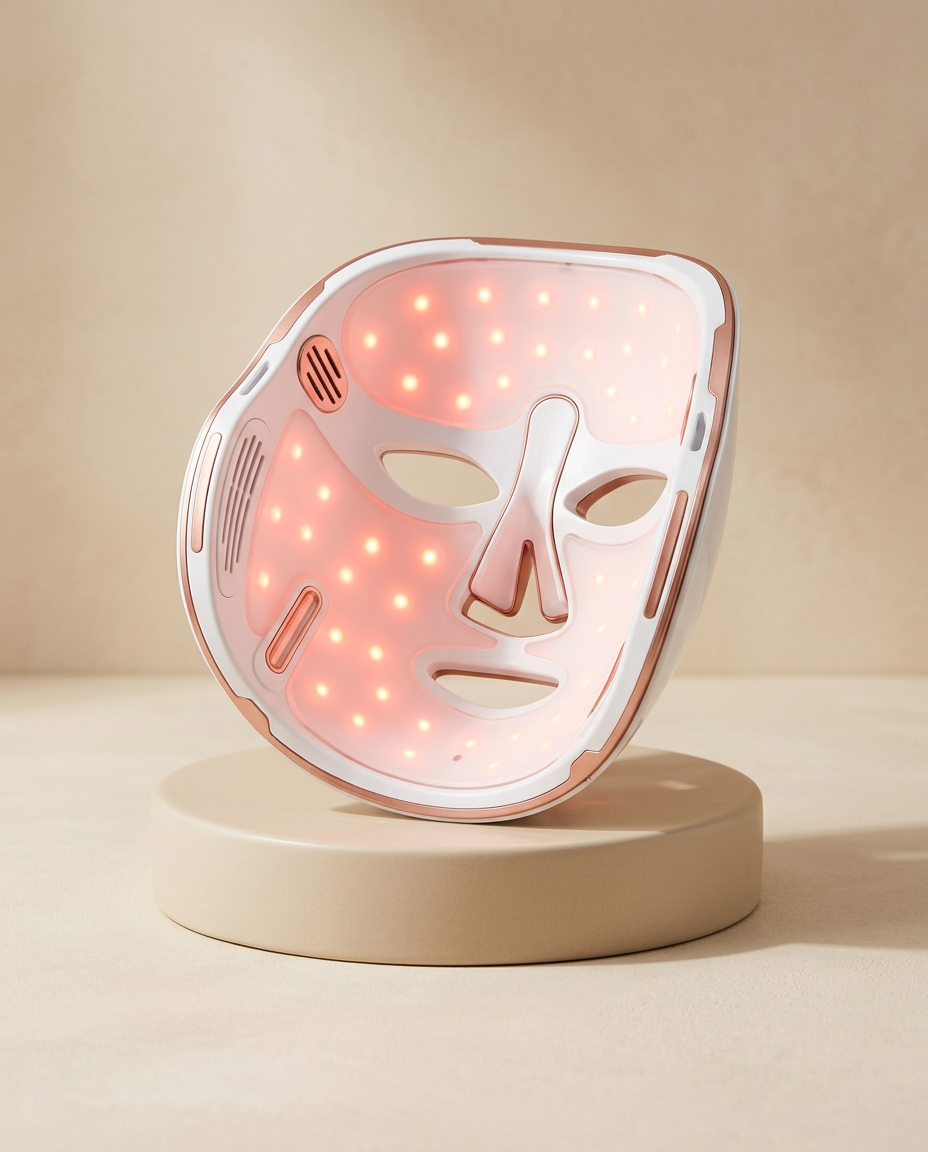 Máscara LED facial iluminada sobre fondo neutro sofisticado