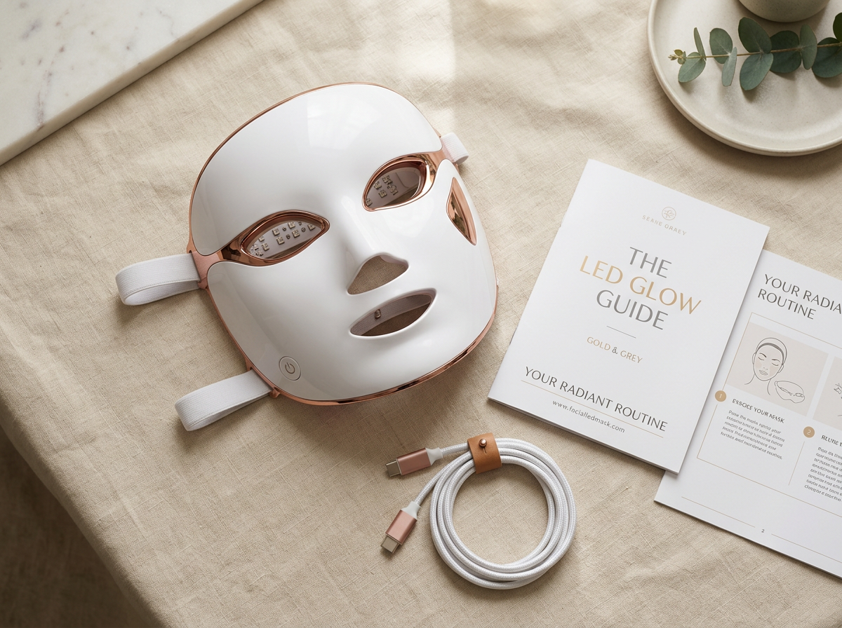 Lo que incluye la caja: máscara LED facial, guía de rutina y cargador