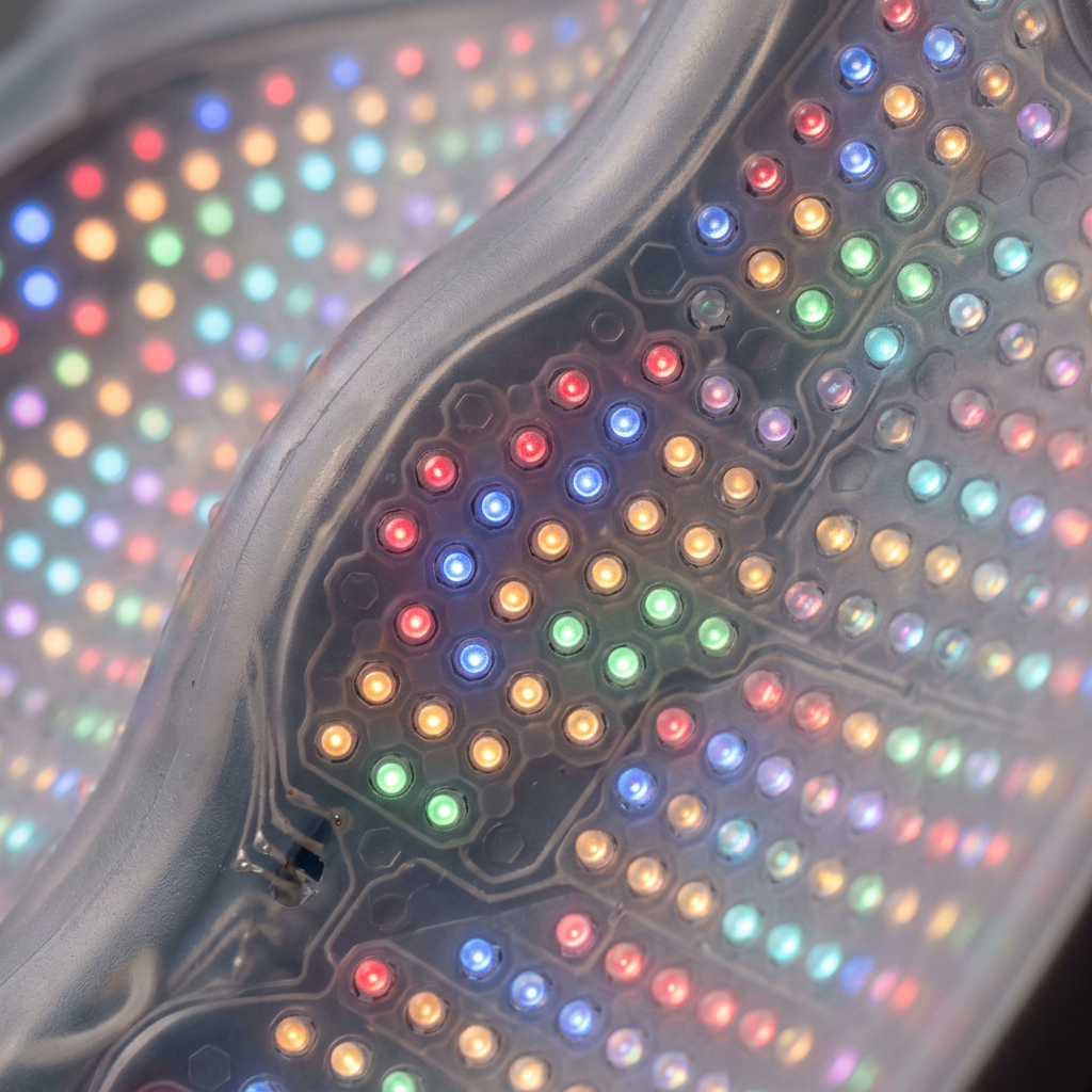 Detalle de los núcleos de luz LED de la máscara facial