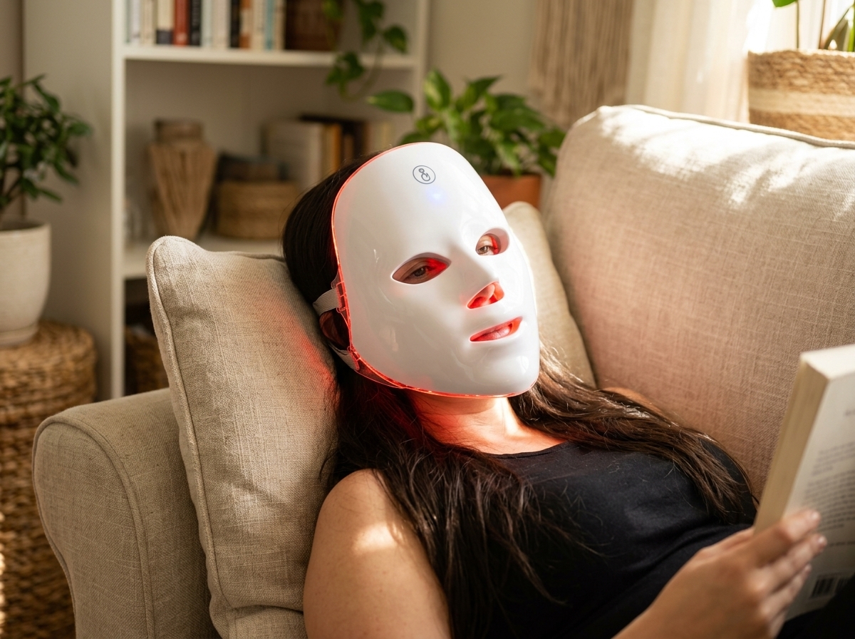 Mujer en casa con máscara LED facial, expresión tranquila, luz natural cálida